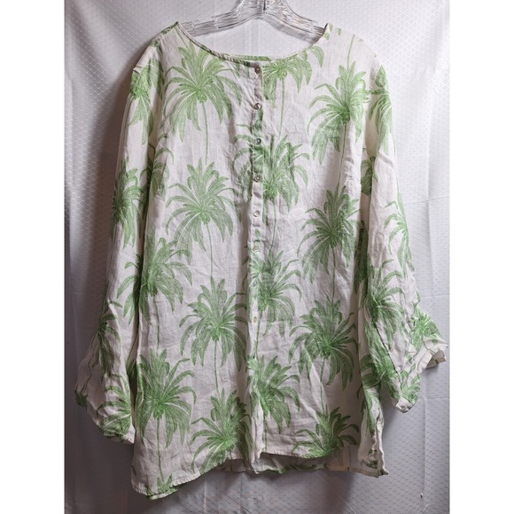 TAHARI 100% Linen Button-Front Palm Tree AOP Top Sz 2X White Green Coastal Beach - Picture 1 of 6